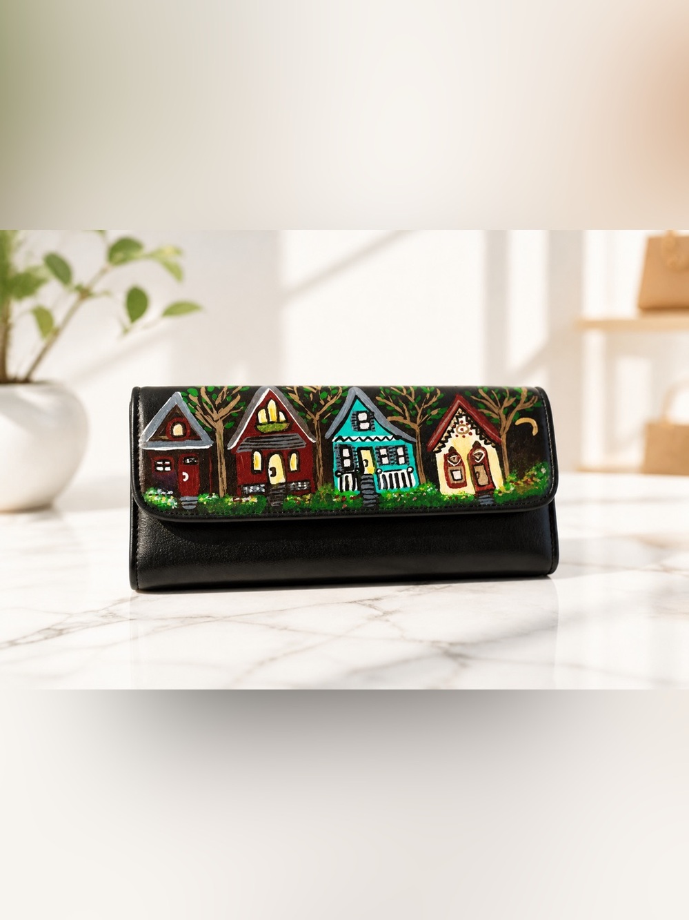 Black Leather LG Wallet by Giani Bernini , Hand Painted Village on front by NG.